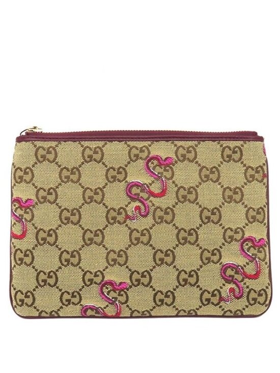 Gucci Handbags - Gucci Clutch Snake Pattern GG Canvas Leather Brown Rosso Ancora Gold Bordeaux